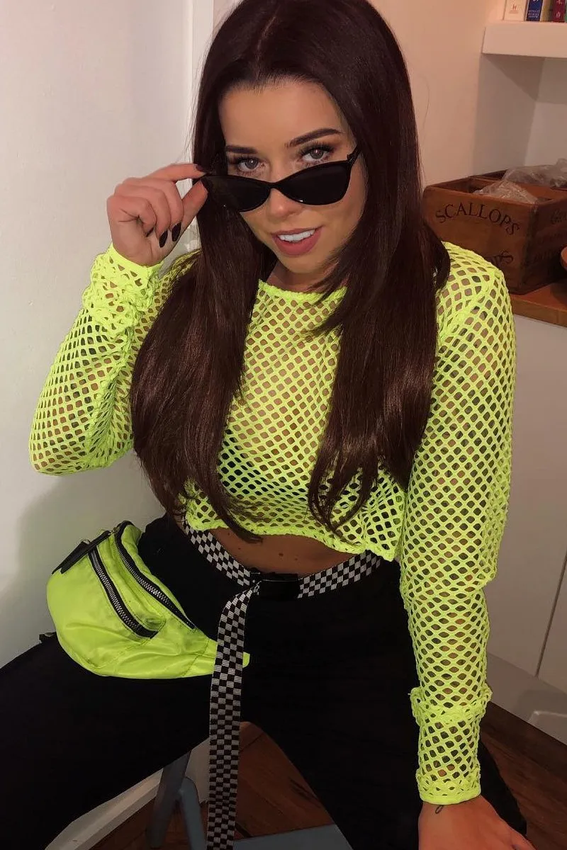 Yellow Fish Net Long Sleeved Crop Top - Ivory