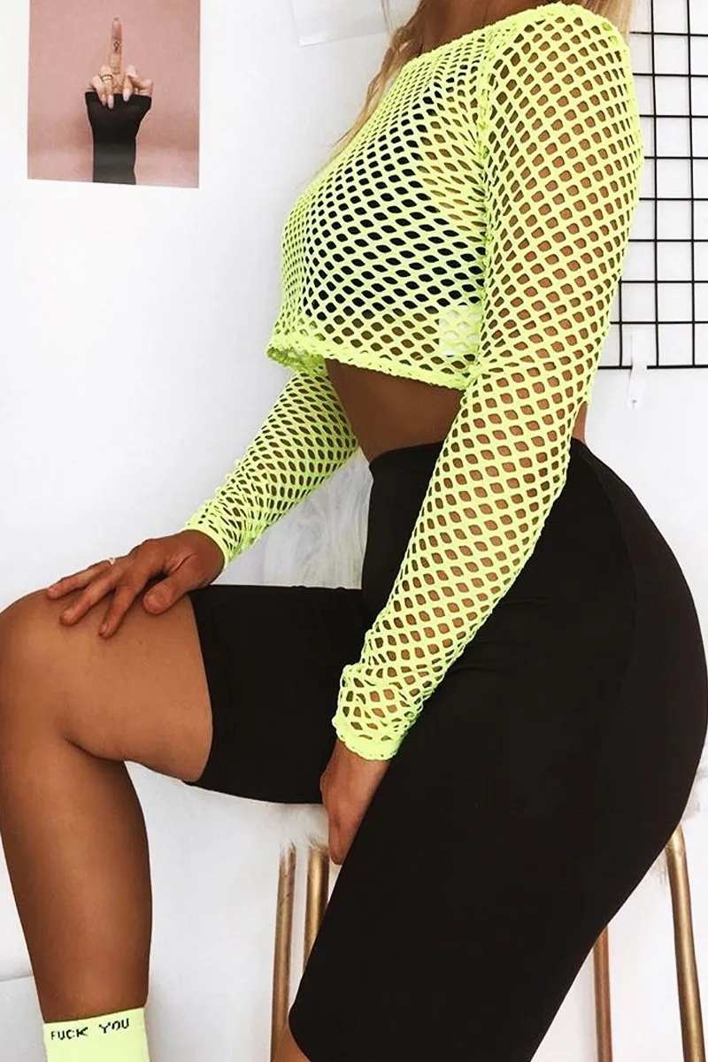 Yellow Fish Net Long Sleeved Crop Top - Ivory