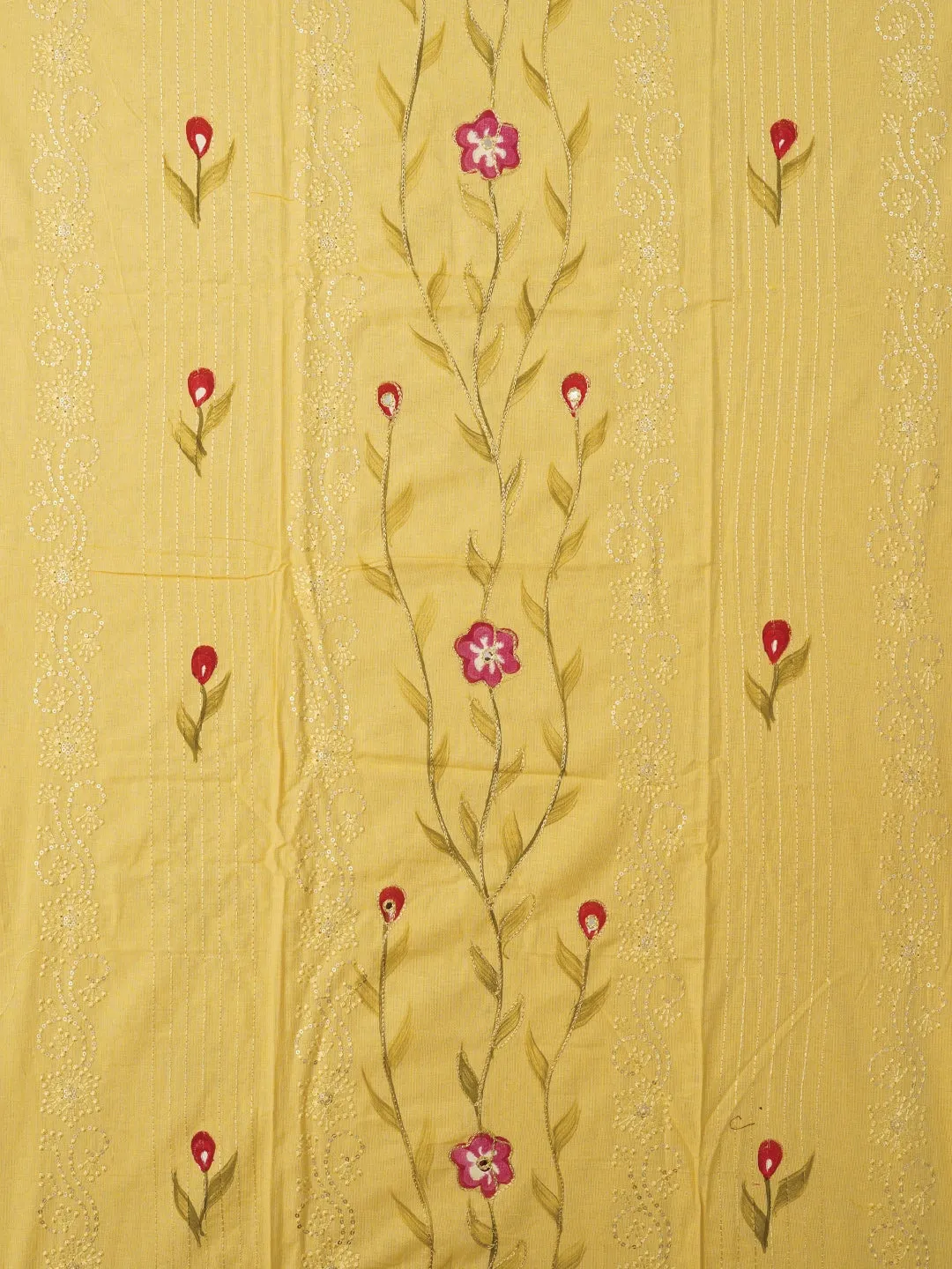 Yellow Handpainted Embroidered Dress Material with Dupatta
